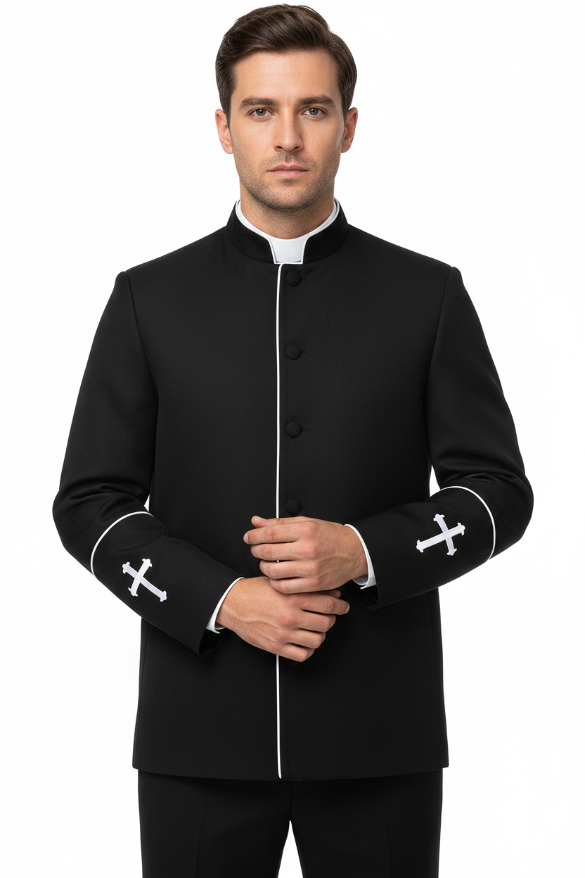 Model wearing black clergy mandarin collar jacket with white trim and cross embroidery, white background