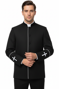 Men's Clergy Mandarin Collar Jacket with Cross Embroidery | 4 Colors | S-XXXL