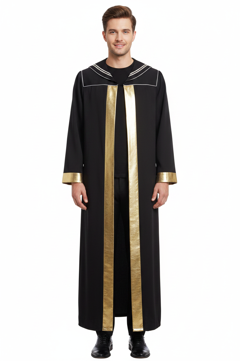 Male model wearing black open-front choir robe with gold stripe and cuff trim, full body front view, white background