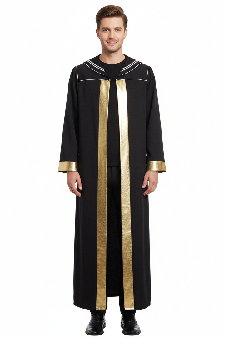 Male model wearing black open-front choir robe with gold stripe and cuff trim, full body front view, white background