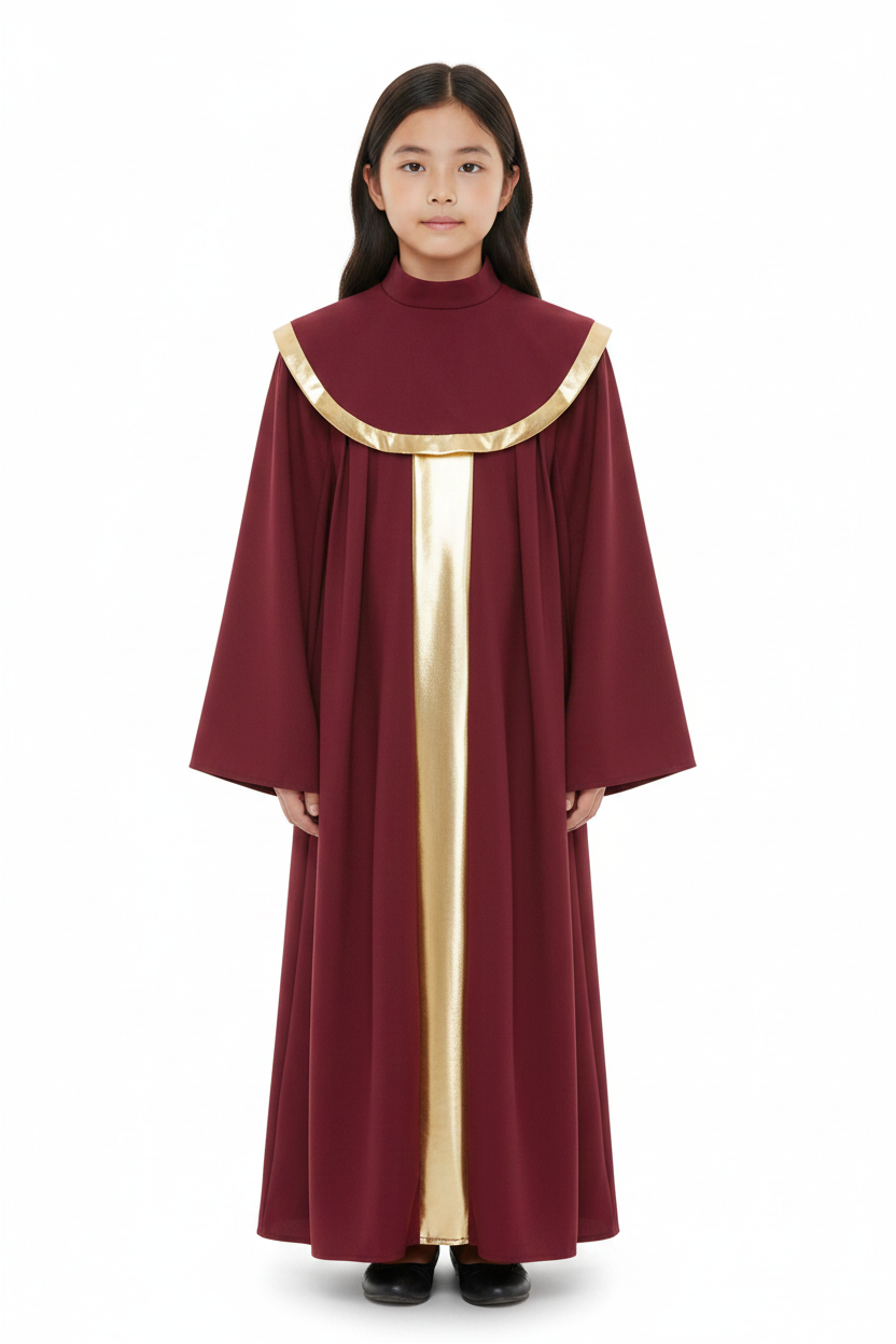 Child model wearing burgundy choir robe with gold center stripe and gold cape collar, white background