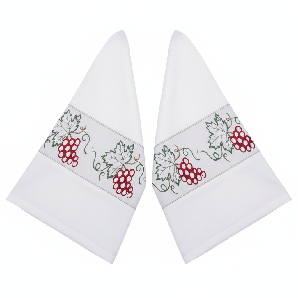 Close-up detail of white clergy alb robe showing both wide bell sleeve cuffs with grape vine embroidery band, white background