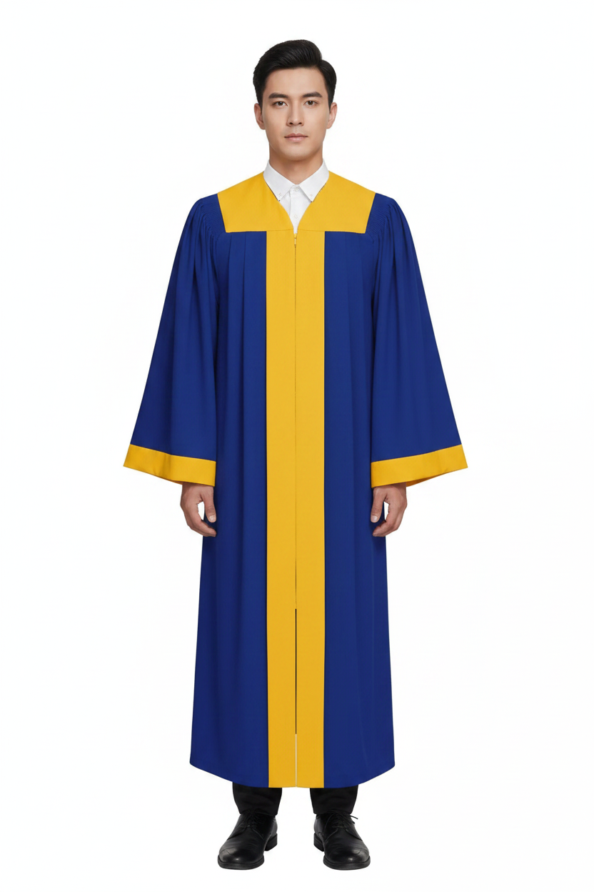 Model wearing royal blue two-tone choir robe with gold contrast yoke and cuff trim, white background