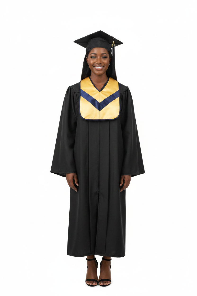 Matte Black Associates Gown & Hood Package model display