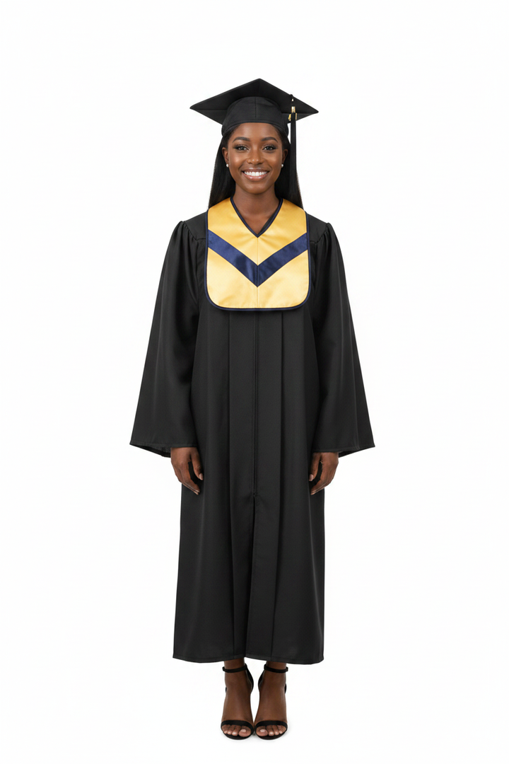 Matte Black Associates Gown & Hood Package model display
