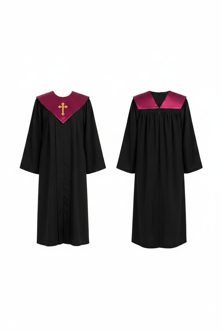 Black choir robe with magenta V-yoke collar on invisible mannequin, pure white background