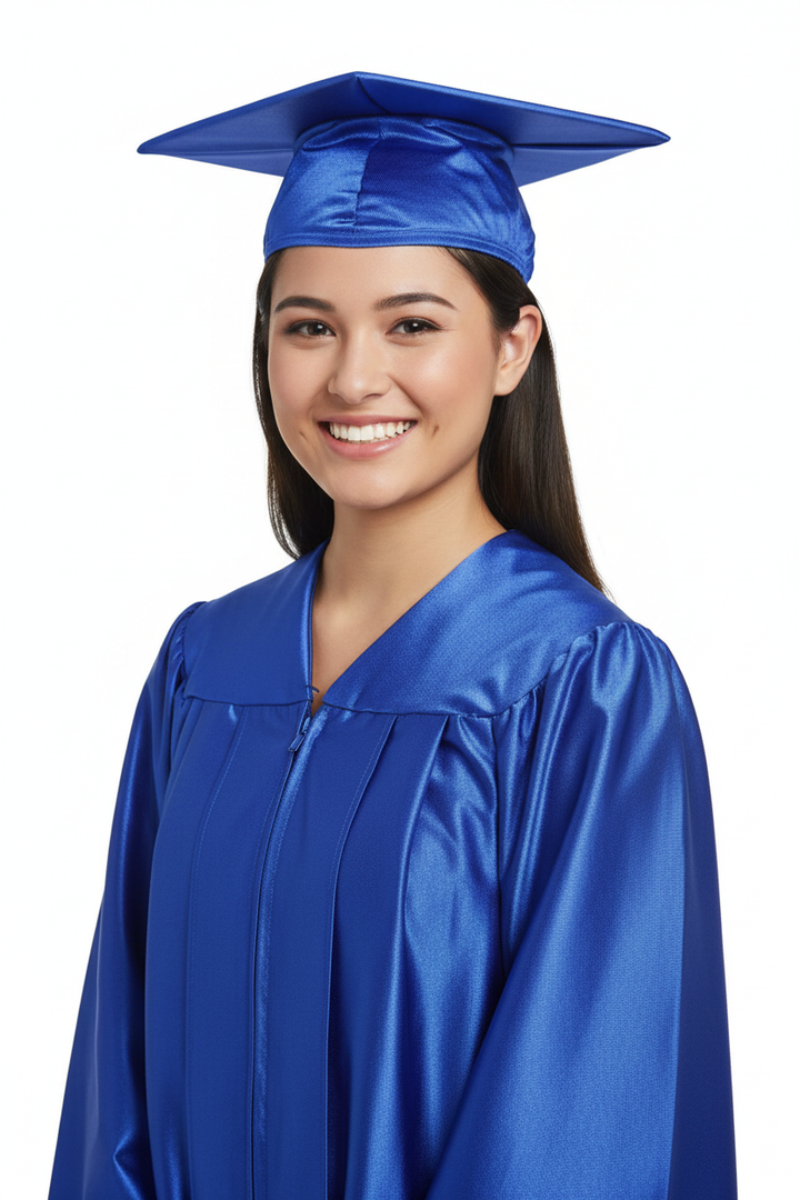 Shiny Royal Blue High School Cap - Model Display