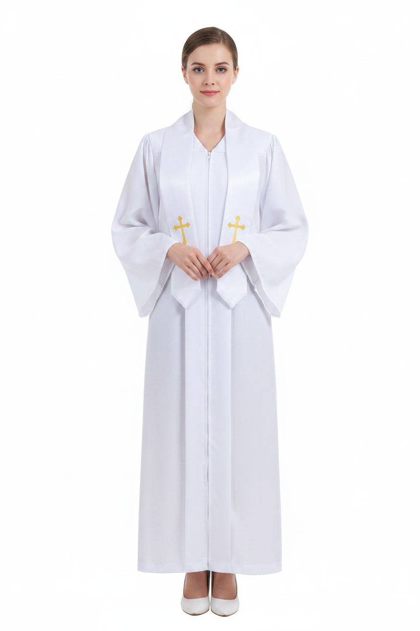 Female model wearing white clergy robe with white satin gold cross stole, full body front view, white background