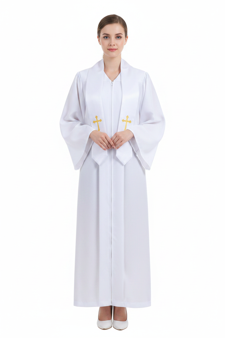 Female model wearing white clergy robe with white satin gold cross stole, full body front view, white background