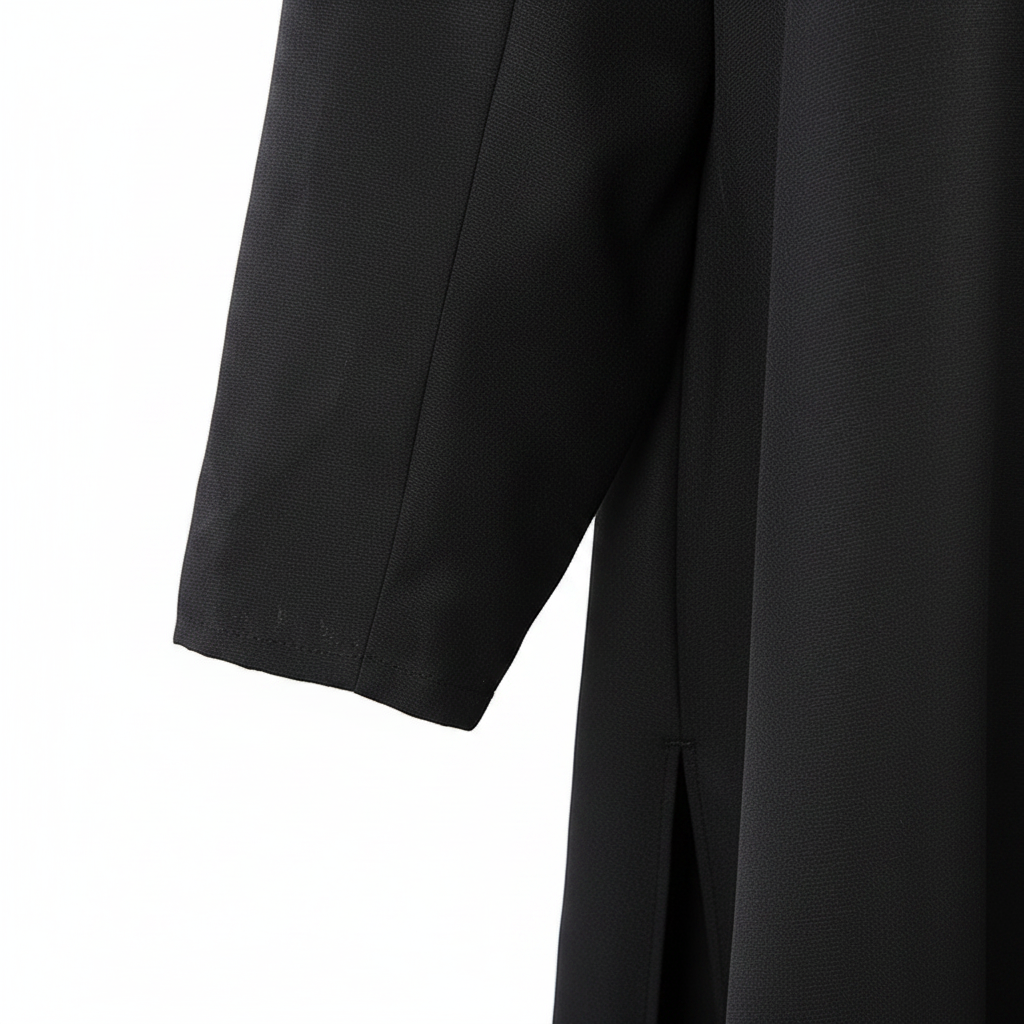 Close-up detail of black cassock robe showing sleeve cuff and side seam stitching on matte black fabric, white background