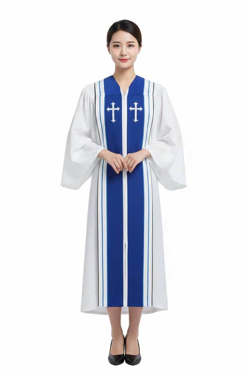 Female model wearing white choir robe with royal blue center stripe and dual white cross badges, full body front view, white background
