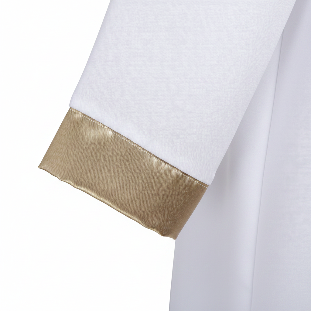 Close-up detail of white clergy robe sleeve showing gold satin cuff trim band, white background