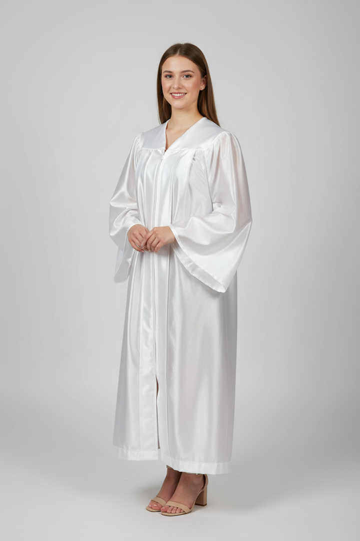 Shiny White High School Gown - Model Display