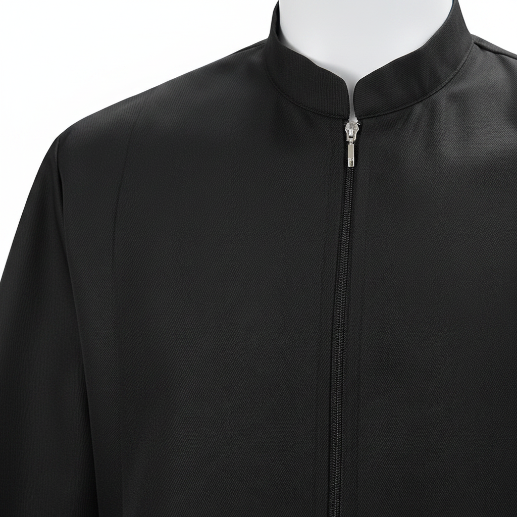 Close-up detail of black choir robe showing stand collar zipper and double gold braid trim on sleeve cuff, white background