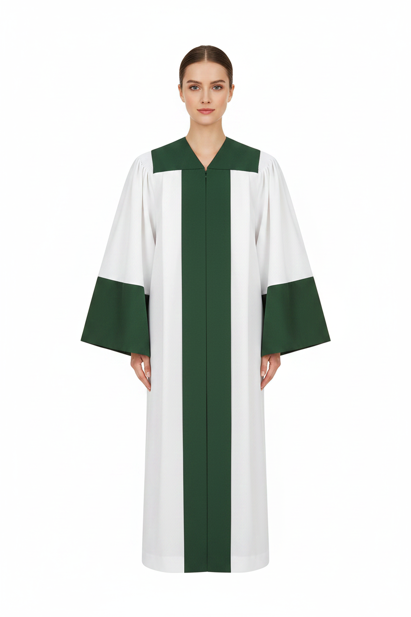 Female model wearing white and green choir robe with bell sleeves and green yoke collar, full body front view, white background