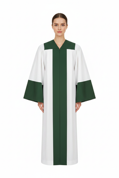 White & Green Choir Robe with Bell Sleeves | Unisex Church Choir Performance | Green Yoke Stripe Cuff | S-XXL | 800g