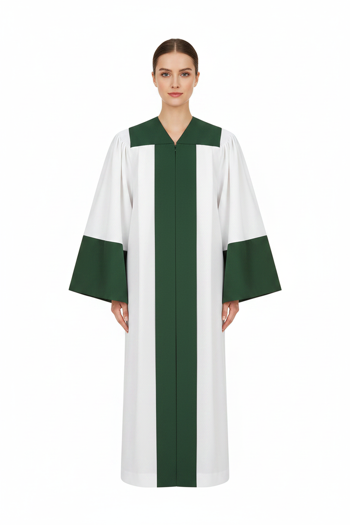 Female model wearing white and green choir robe with bell sleeves and green yoke collar, full body front view, white background