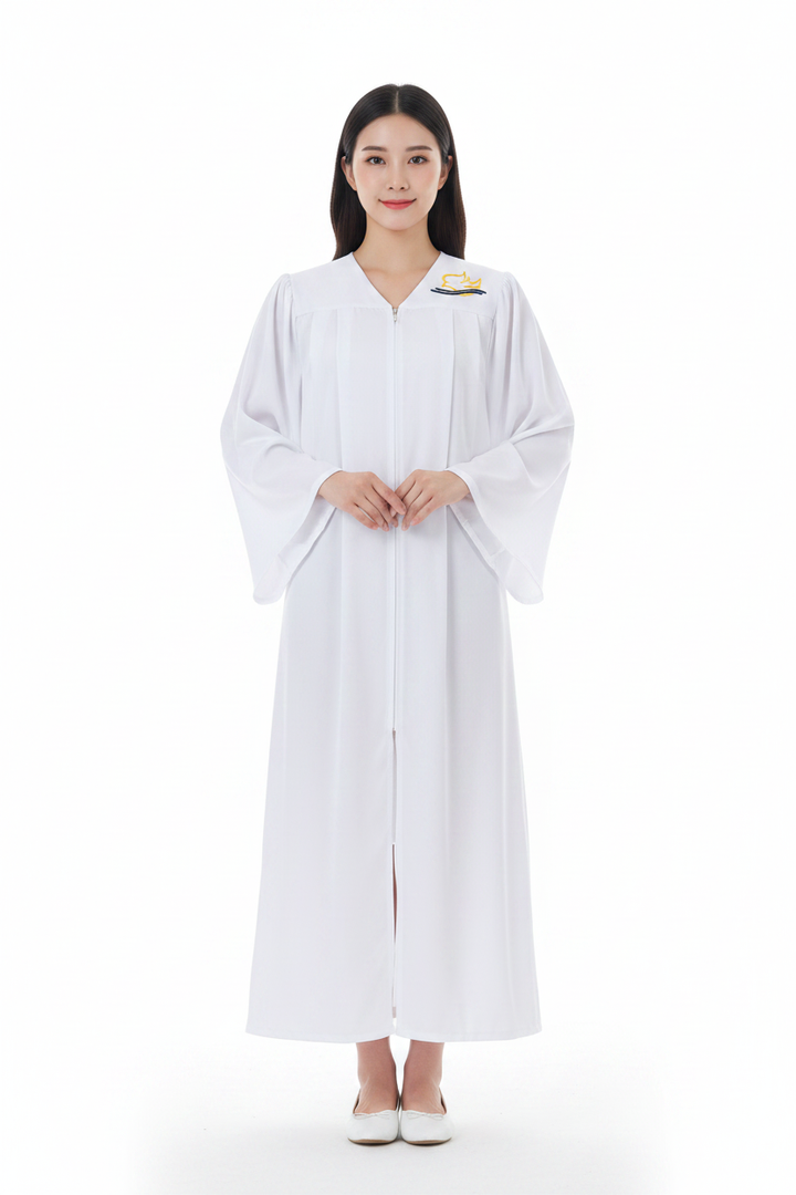 Female model wearing white satin choir gown with gold dove embroidery badge on left shoulder, wide bell sleeves, full body front view, white background