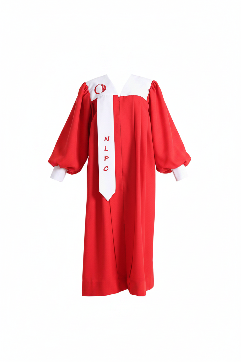 Red choir robe with white square yoke panel, white front stole, bishop puff sleeves with white cuff trim, product shot on invisible mannequin, white background