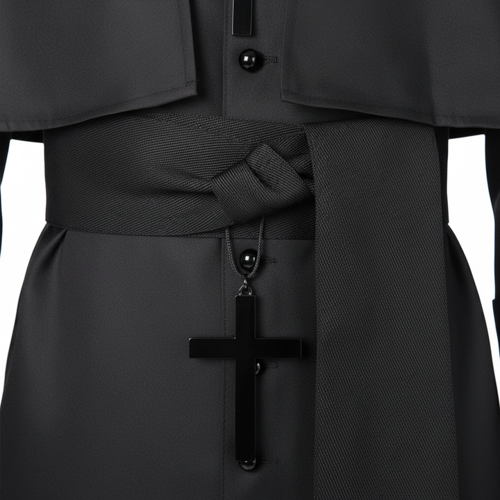 Close-up detail of clergy cassock robe showing waist belt sash and black cross pendant necklace over button row, white background