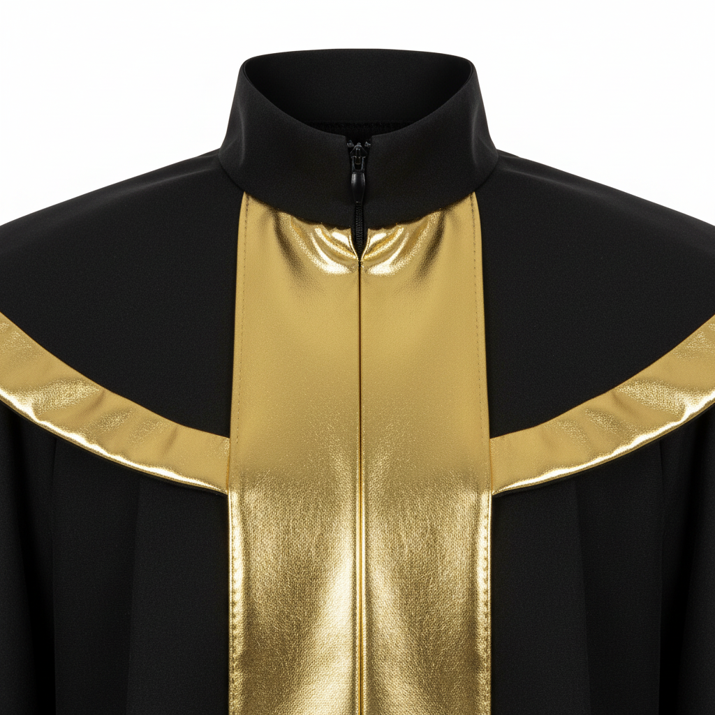 Close-up detail of black choir robe gold center stripe and gold cape collar trim, white background