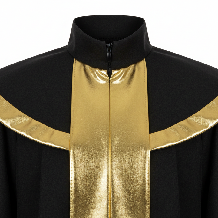Close-up detail of black choir robe gold center stripe and gold cape collar trim, white background