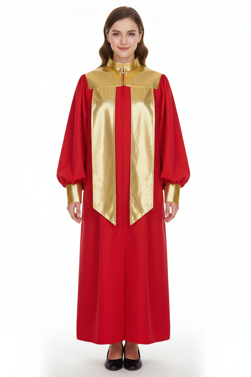 Female model wearing red gospel choir robe with gold metallic yoke, stole and stand collar, full body front view, white background