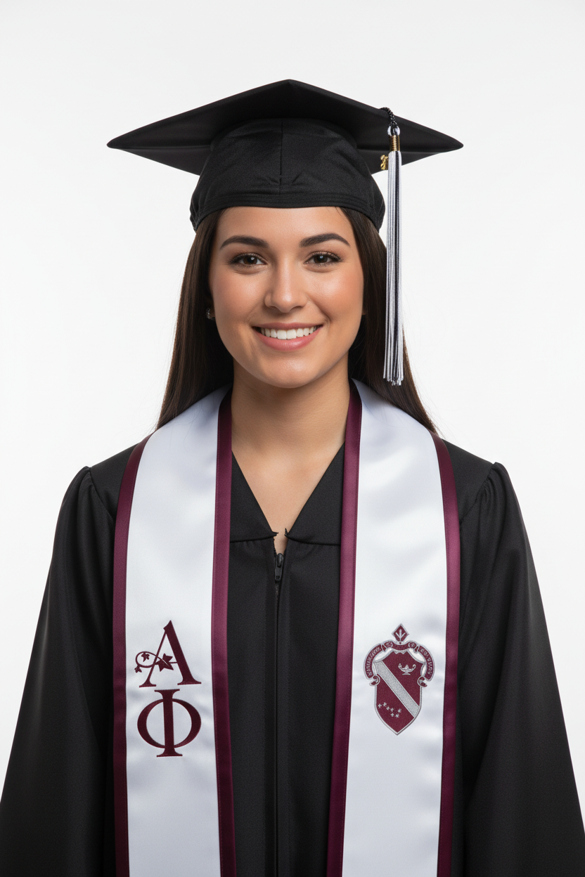 Alpha Phi Greek Trimmed Lettered Stole with Crest model display