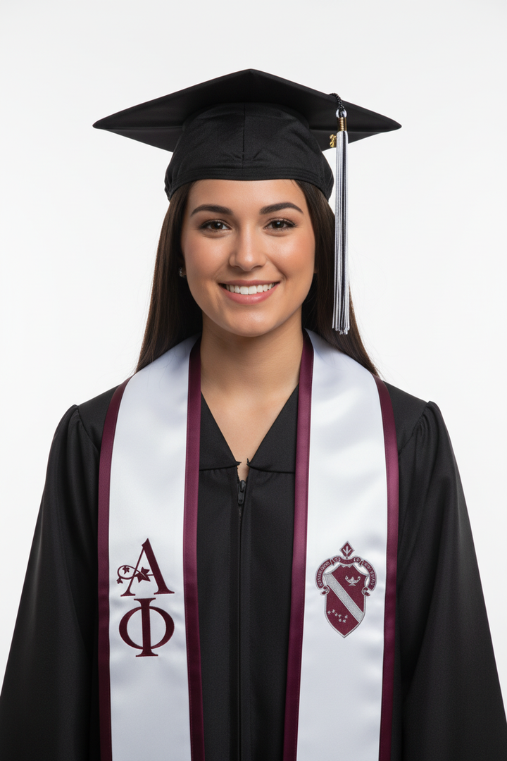 Alpha Phi Greek Trimmed Lettered Stole with Crest model display