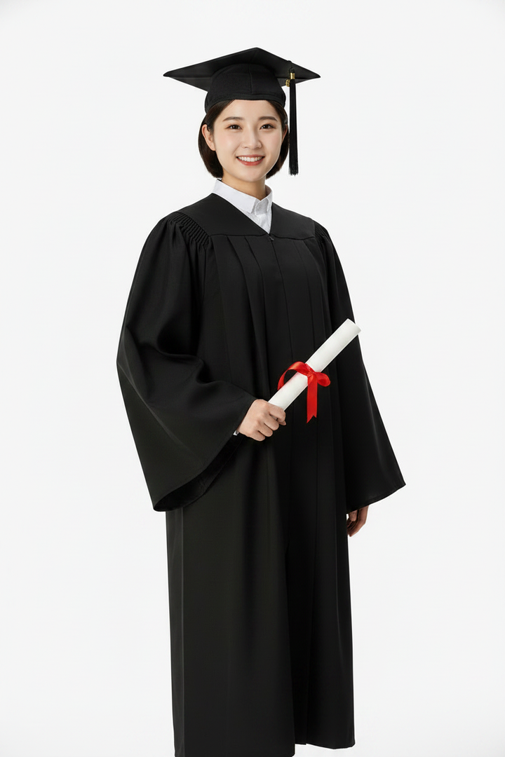 Female model wearing deluxe black bachelor gown with mortarboard cap holding diploma, white background
