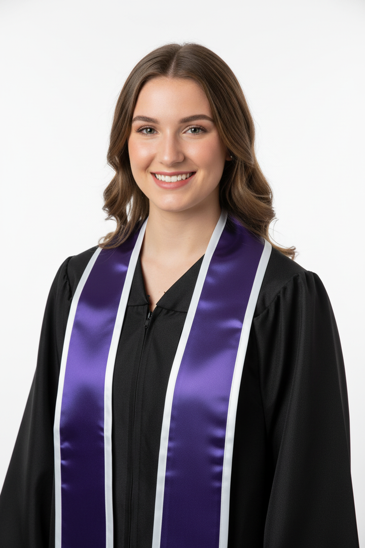 Purple Pointed Graduation Stole with White Trim model display