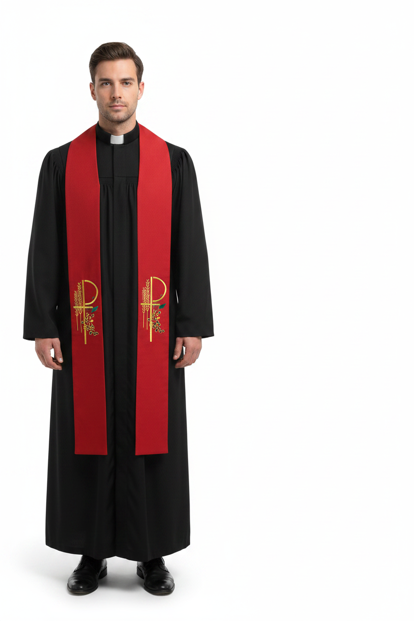 Male model wearing red clergy stole over black cassock robe, Chi-Rho gold embroidery, full body front view, white background