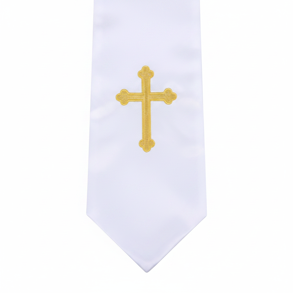 Close-up detail of white satin stole showing gold cross embroidery and pointed tip, white background