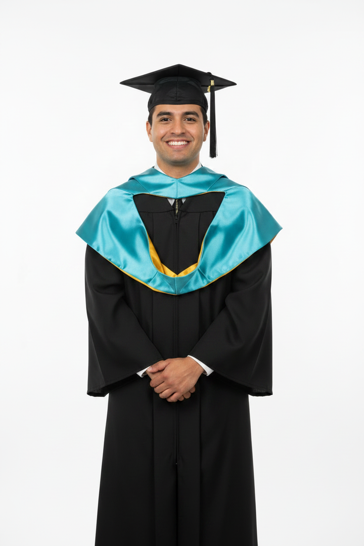 Male model wearing black graduation gown with teal academic hood and mortarboard cap, white background