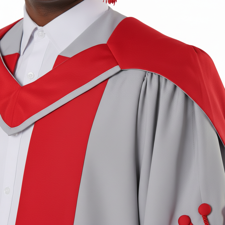 UK Doctorate Gown - Red Satin V-Shaped Yoke Trim Detail