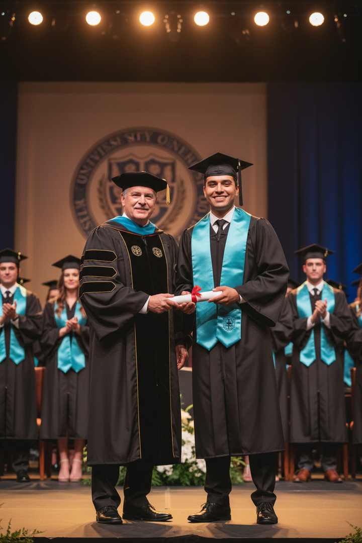 Graduate wearing custom teal academic hood receiving diploma on stage at commencement ceremony