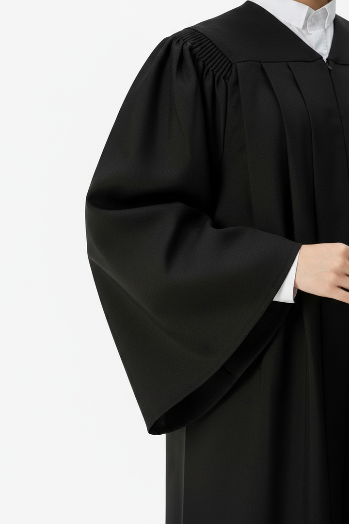 Close-up detail of deluxe bachelor gown showing wide bell sleeve and premium matte fabric
