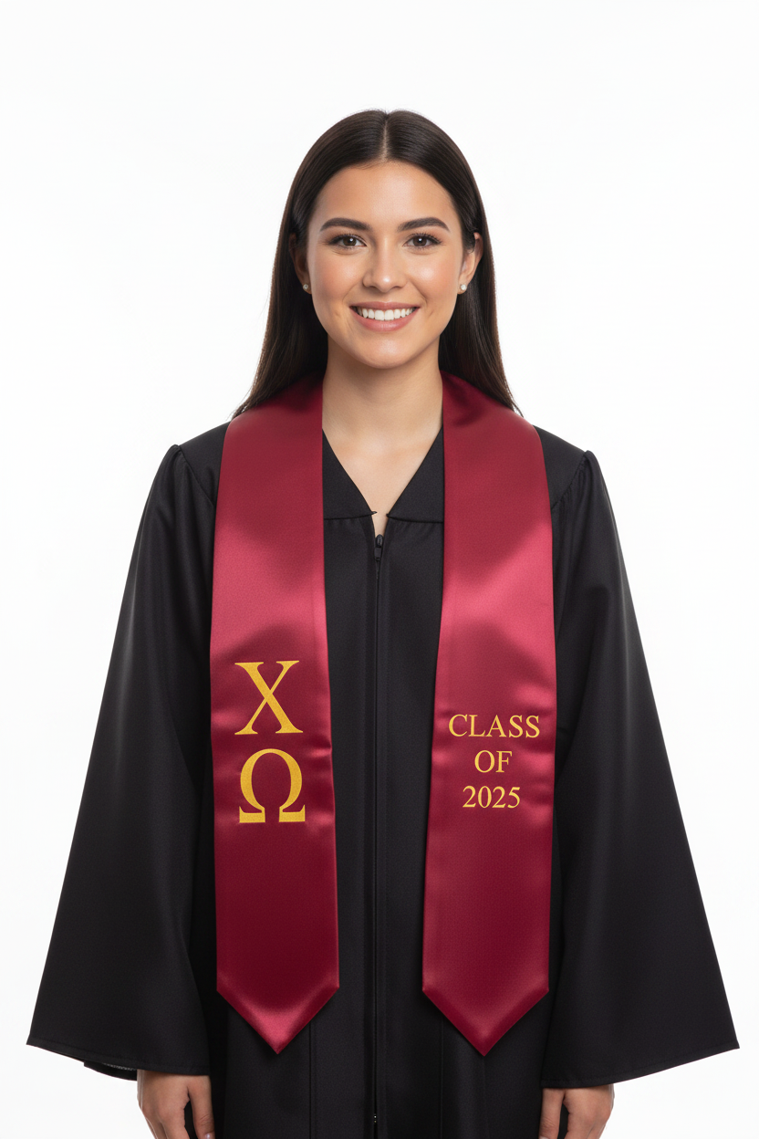 Chi Omega Greek Lettered Stole w/ Year model display