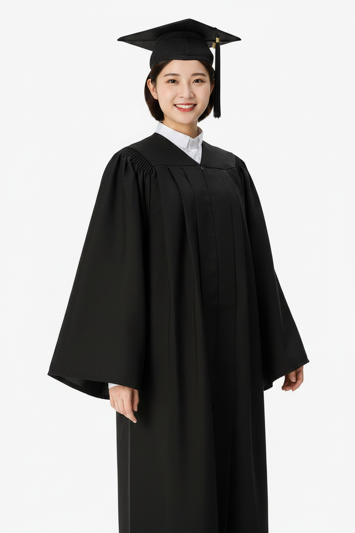 Female model wearing deluxe black bachelor graduation gown with wide bell sleeves and mortarboard cap, white background