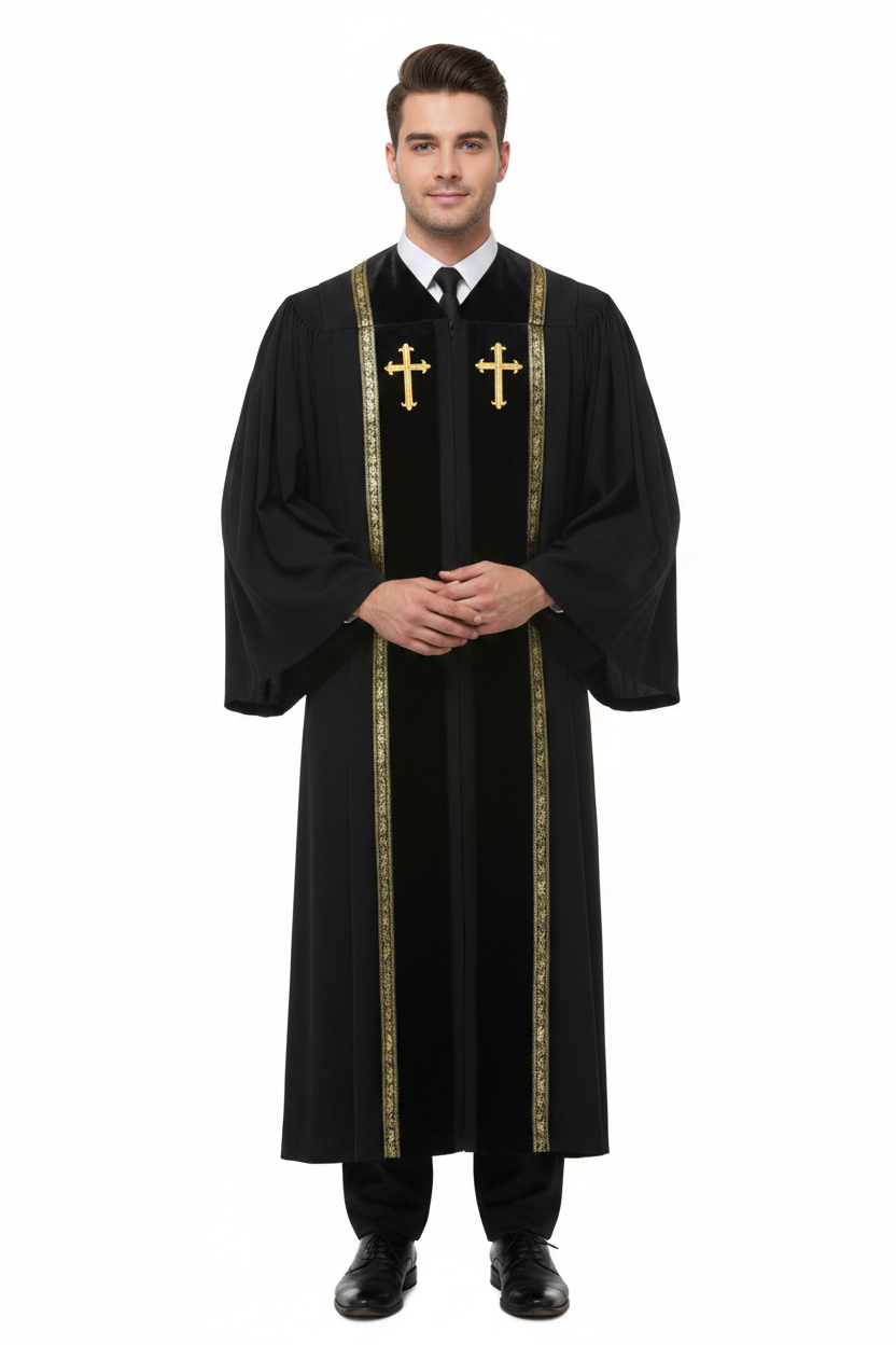 Male model wearing black clergy choir robe with gold cross badges and wheat brocade stole trim, full body front view, white background