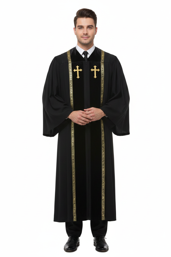Male model wearing black clergy choir robe with gold cross badges and wheat brocade stole trim, full body front view, white background