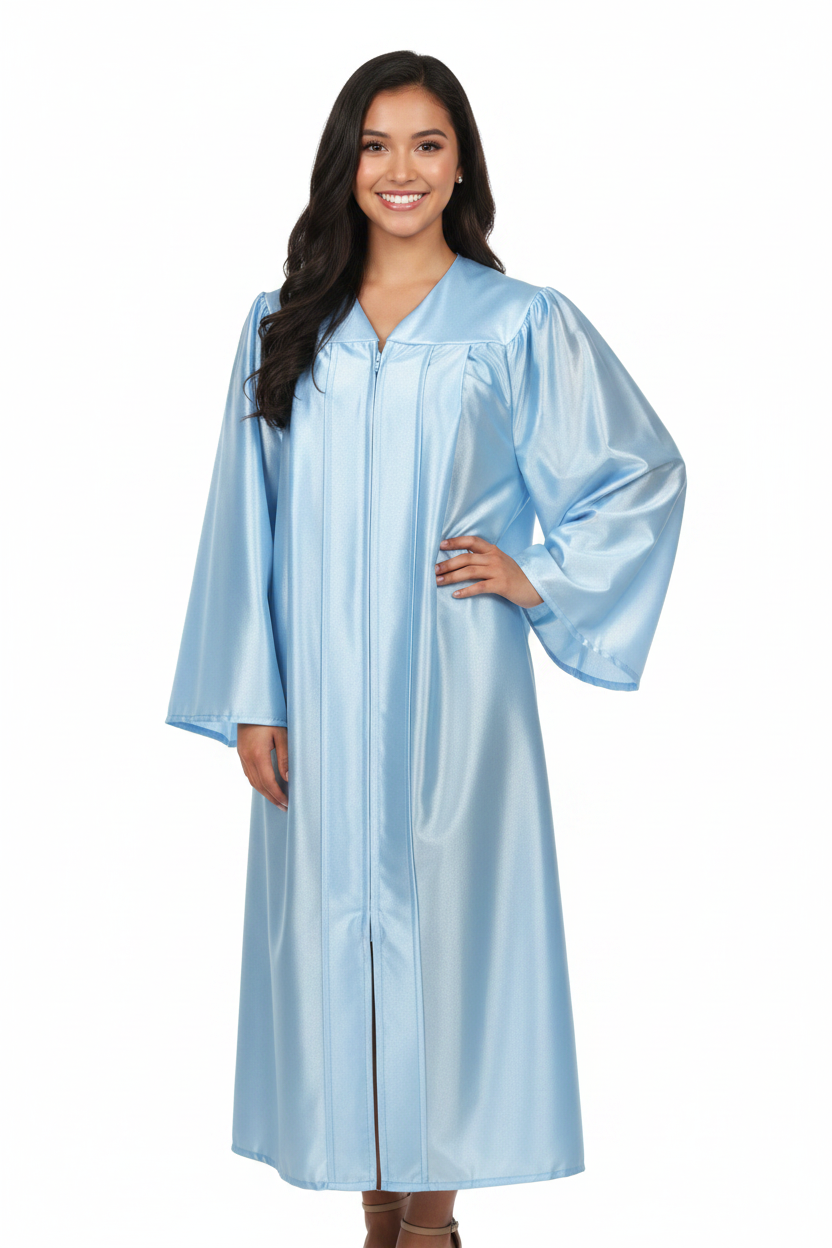 Shiny Light Blue High School Gown - Model Display