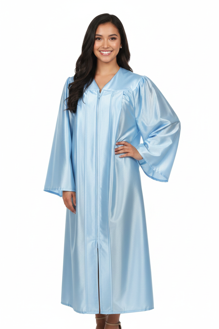 Shiny Light Blue High School Gown - Model Display