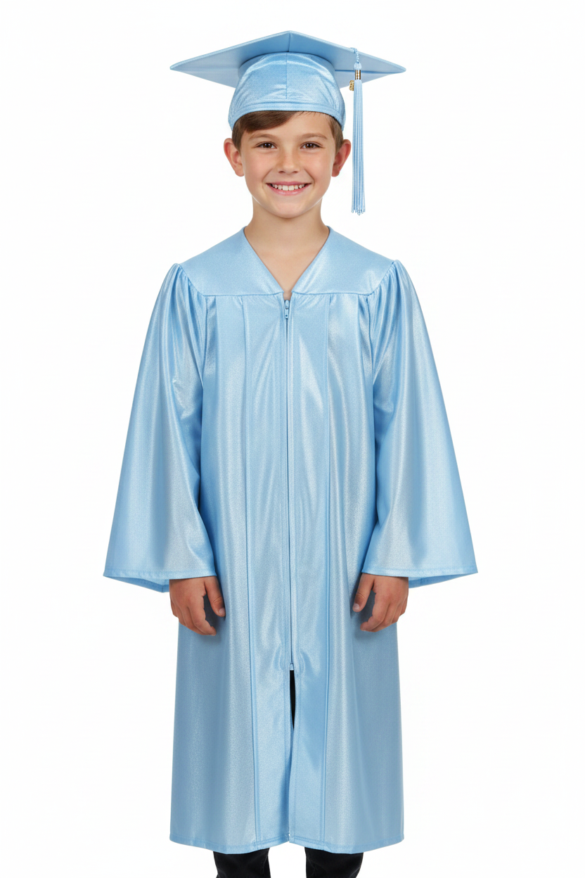 Shiny Light Blue Elementary Cap & Gown - Model Shot