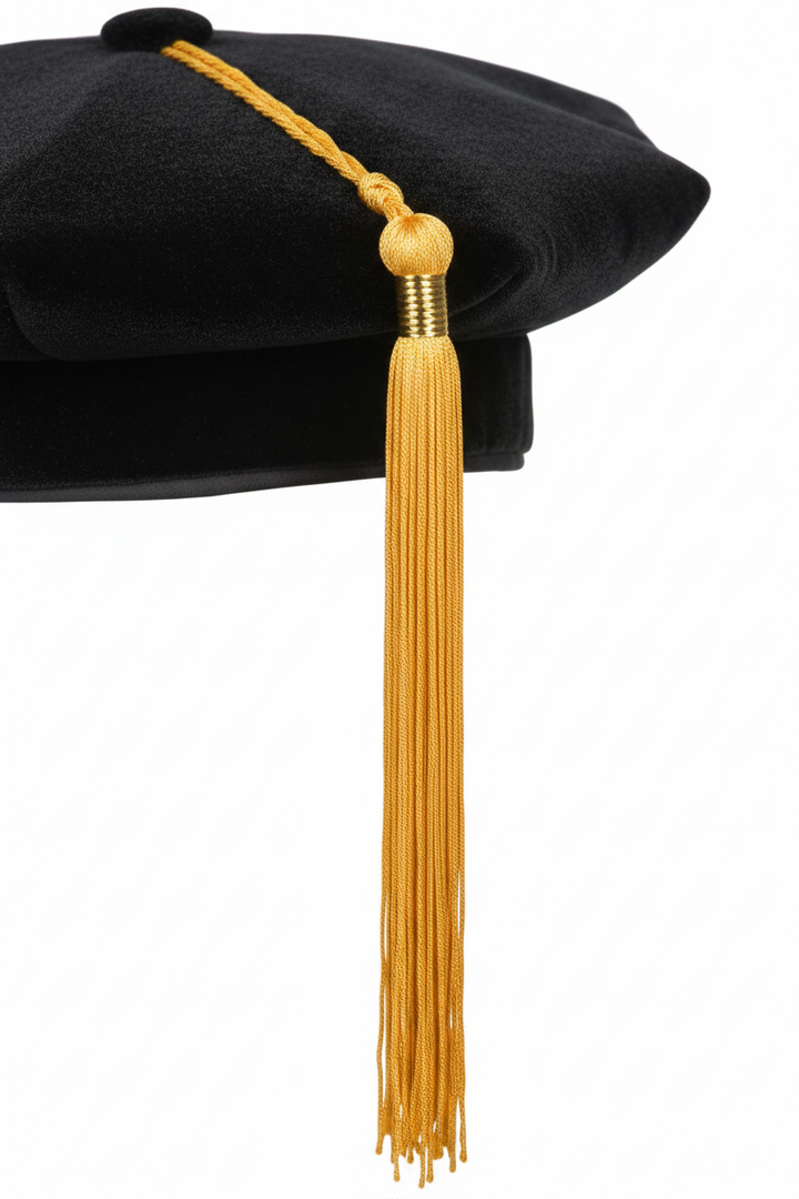 Black 8-sided doctoral tam with gold tassel, white background