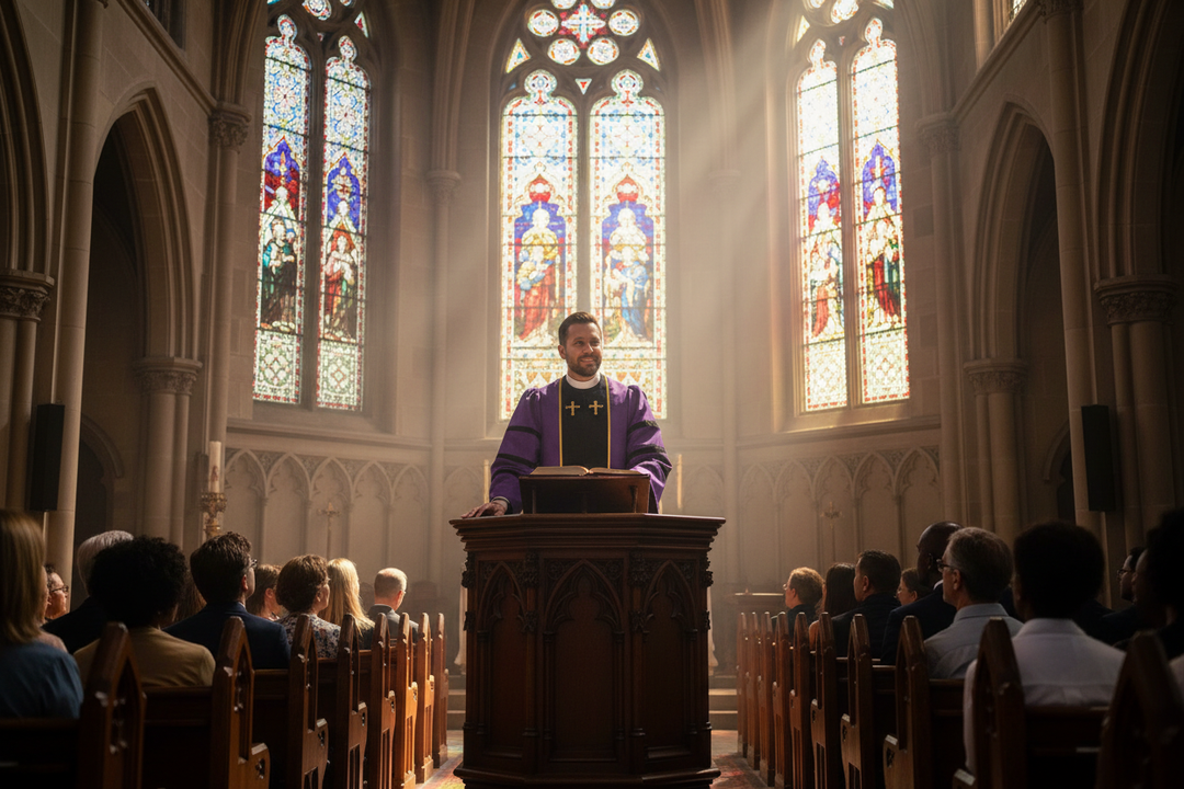 Pastor wearing purple clergy robe at church pulpit with stained glass windows, cinematic atmosphere