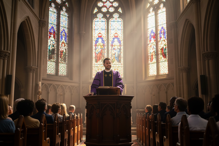 Pastor wearing purple clergy robe at church pulpit with stained glass windows, cinematic atmosphere
