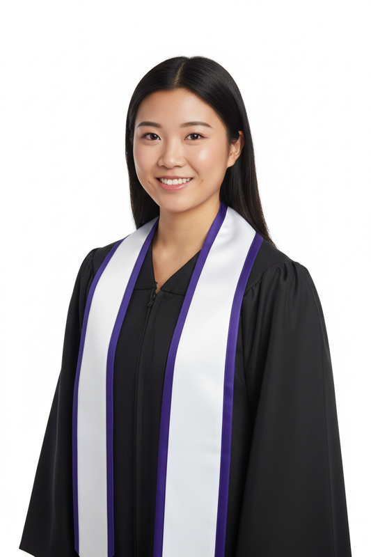 White Pointed Graduation Stole with Purple Trim model display