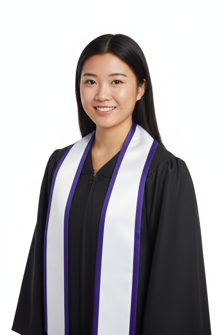 White Pointed Graduation Stole with Purple Trim model display