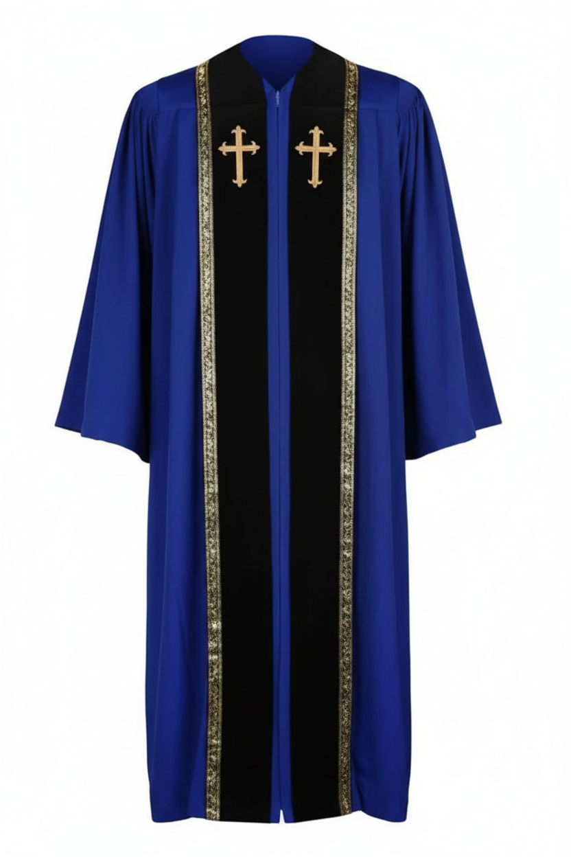 Royal blue clergy choir robe on invisible mannequin, center front black velvet stole with gold cross badges and wheat brocade trim, pure white background